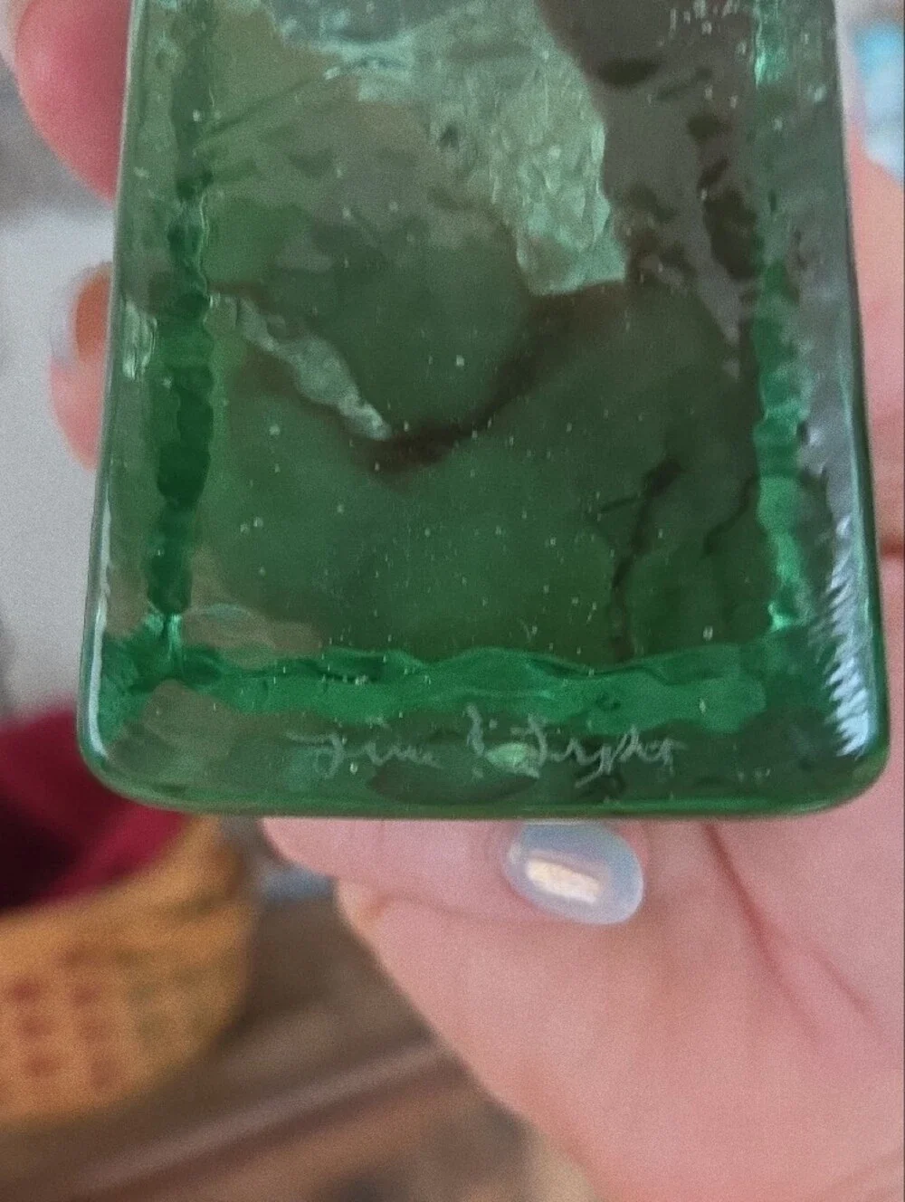 Fire and Light Signed Green Glass Taper Candle Holders - Pair